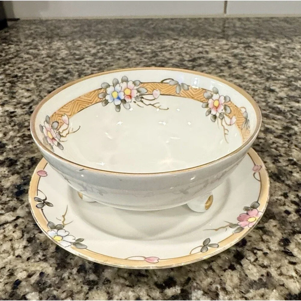 Nippon 3 Piece Mayo Set Hand Painted Bowl Saucer Ladle